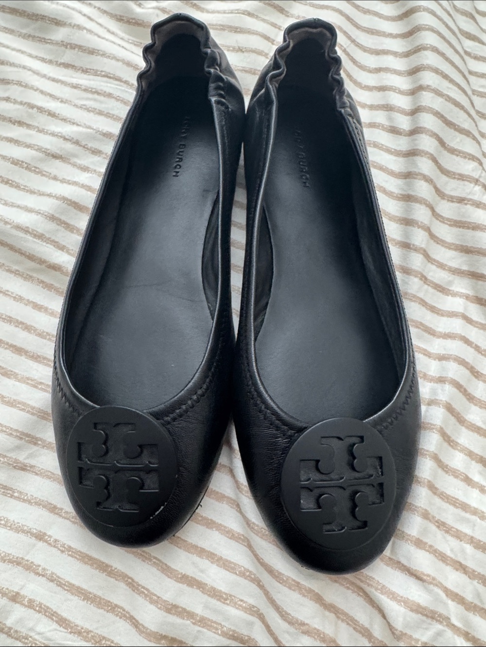 Tory Burch Black Leather Logo Ballet Flats